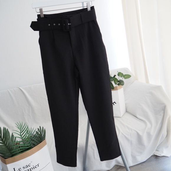 Pants - Black high waisted belted tapered dress pants
